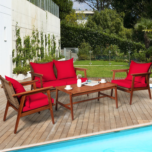 4 Piece  Acacia Wood Patio Rattan Furniture Set-Red - Tampa Home & Garden Store
