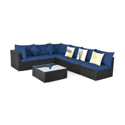 Juego de Sofá Seccional Exterior de 7 Piezas de Ratán para Patio con Tapa de Cristal Templado - Azul Marino