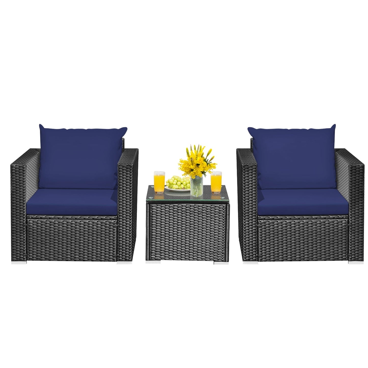 3 Pieces Patio Wicker Conversation Set with Cushion-Turquoise