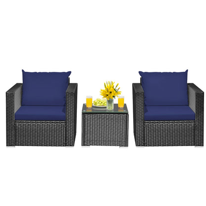 3 Pieces Patio Wicker Conversation Set with Cushion-Turquoise