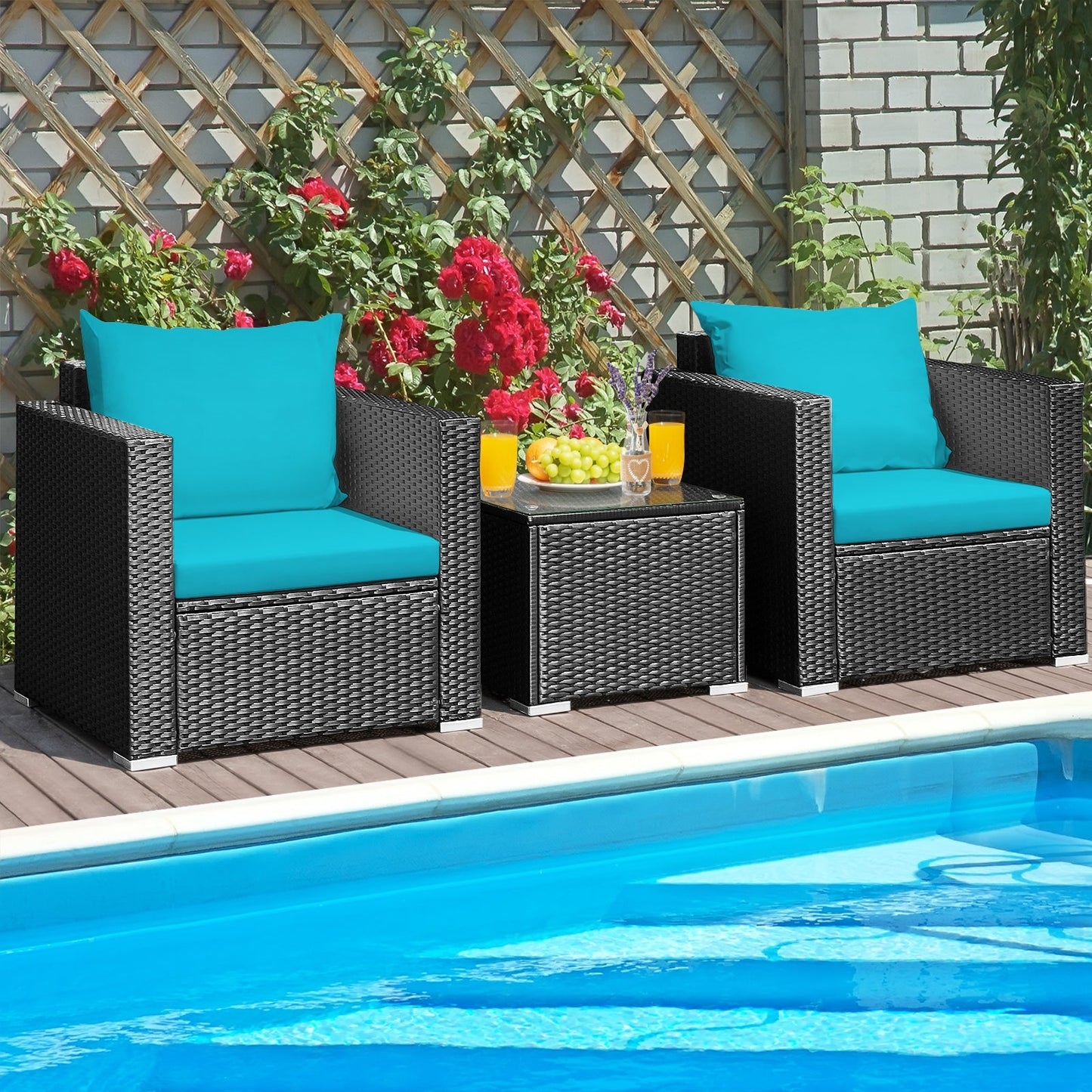 3 Pieces Patio Wicker Conversation Set with Cushion-Turquoise