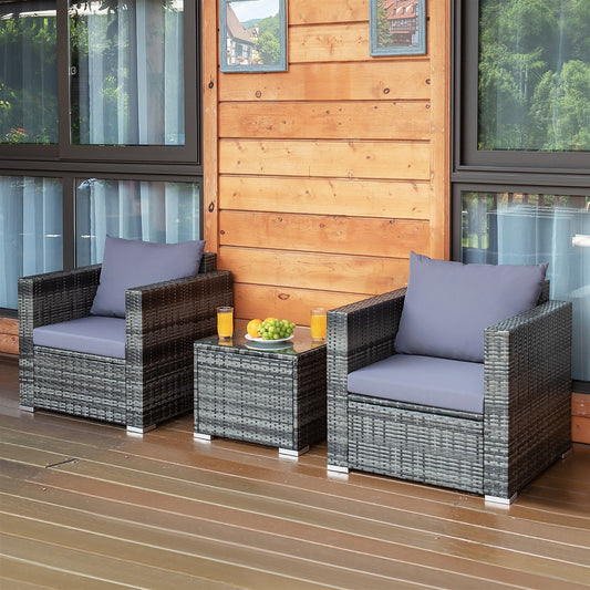 3 Pcs Patio Rattan Furniture Bistro Sofa Set with Cushioned-Gray - Tampa Home & Garden Store