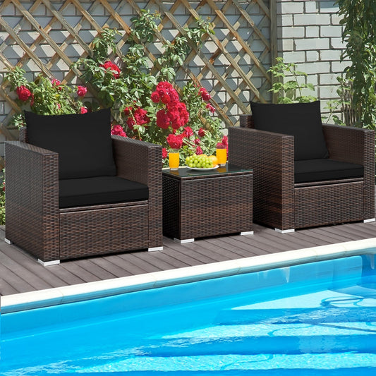 3 Pcs Patio Conversation Rattan Furniture Set with Cushion-Black - Tampa Home & Garden Store