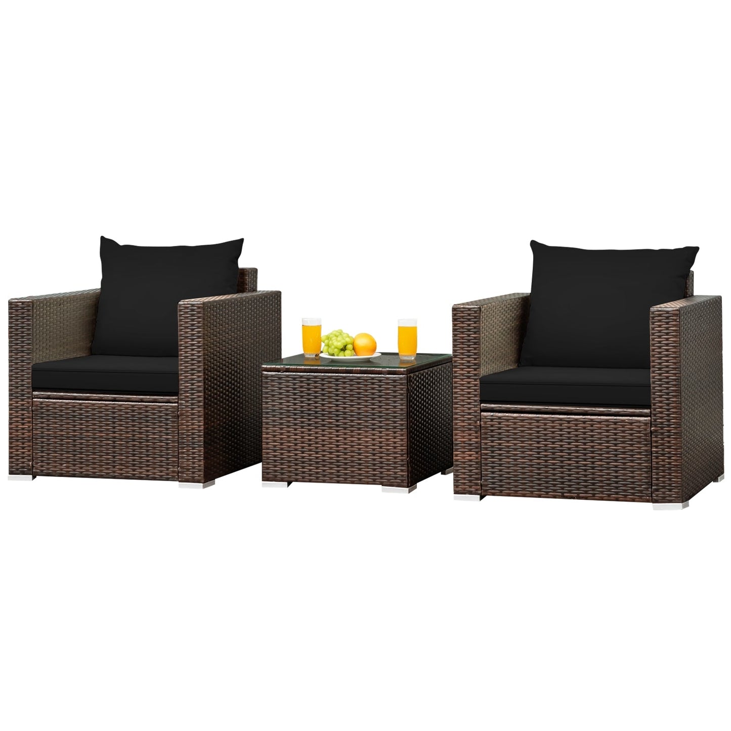 3 Pcs Patio Conversation Rattan Furniture Set with Cushion-Black - Tampa Home & Garden Store