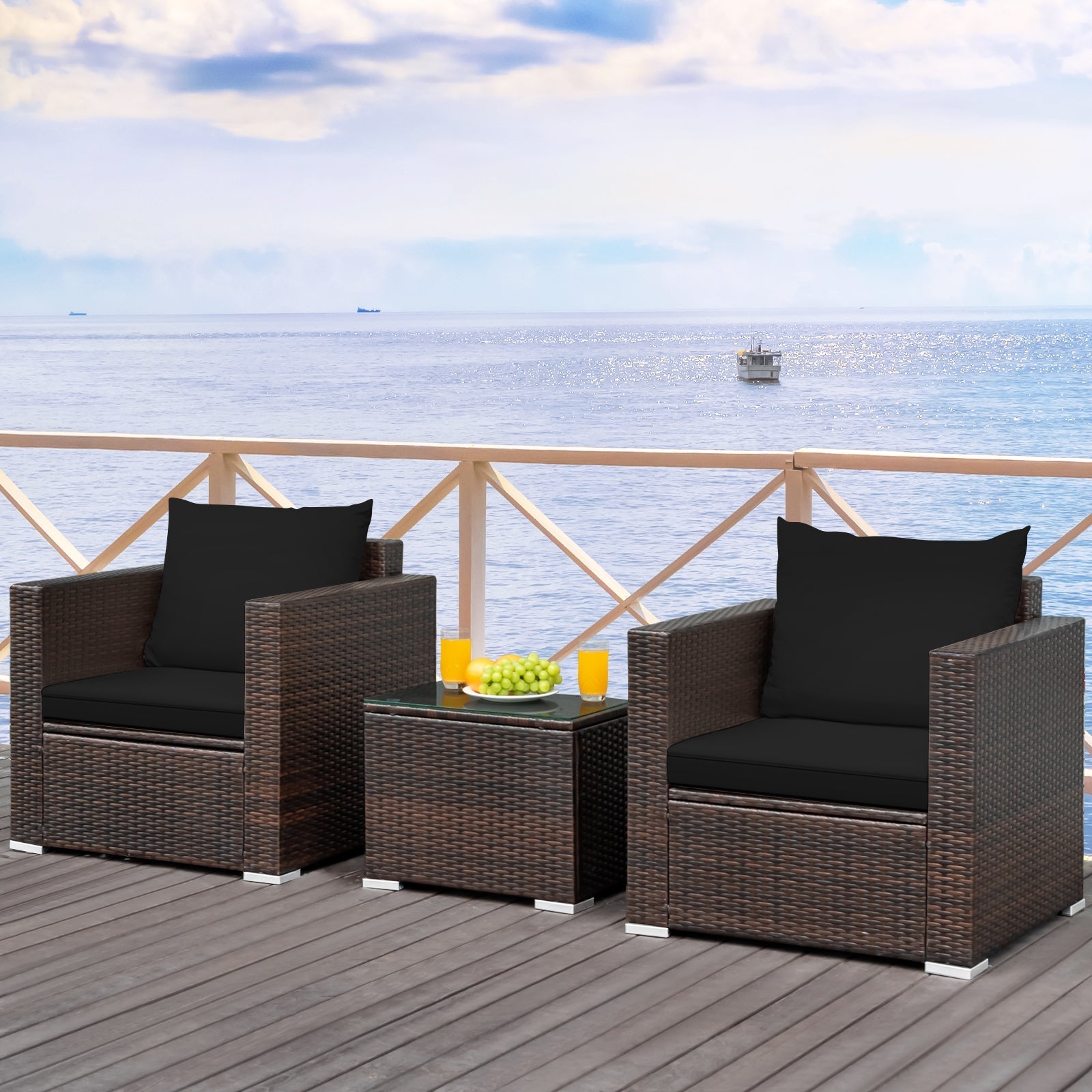 3 Pcs Patio Conversation Rattan Furniture Set with Cushion-Black - Tampa Home & Garden Store