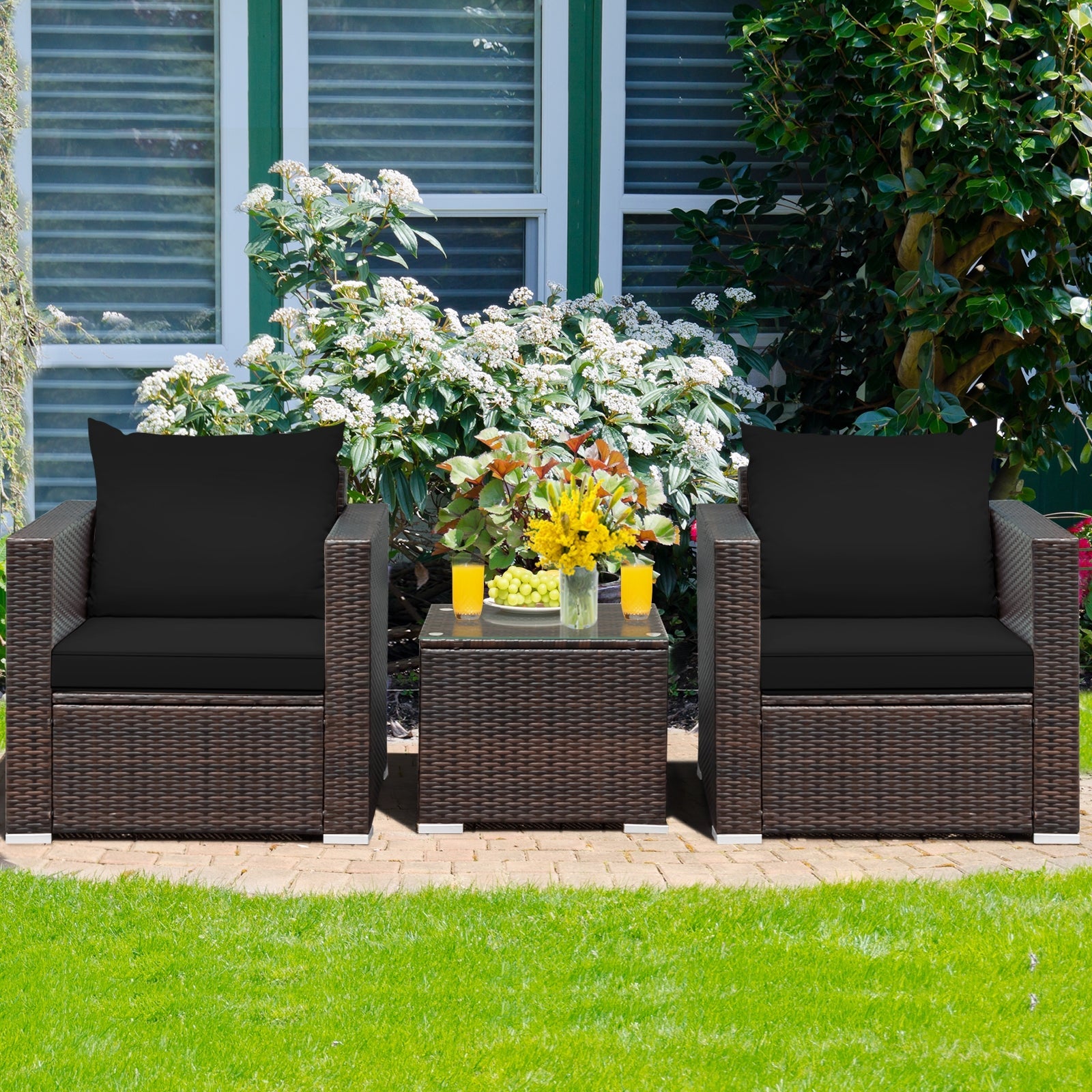 3 Pcs Patio Conversation Rattan Furniture Set with Cushion-Black - Tampa Home & Garden Store