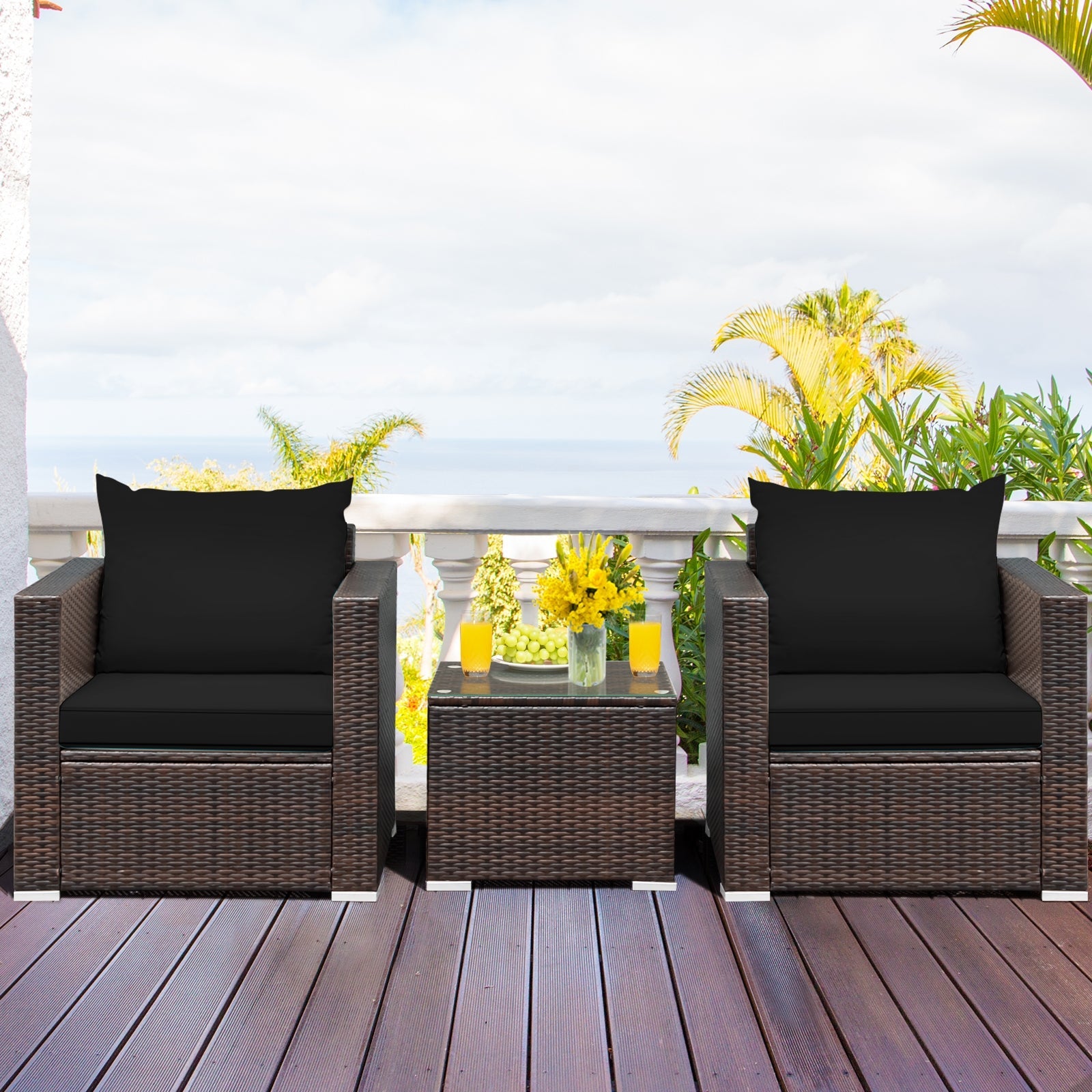 3 Pcs Patio Conversation Rattan Furniture Set with Cushion-Black - Tampa Home & Garden Store