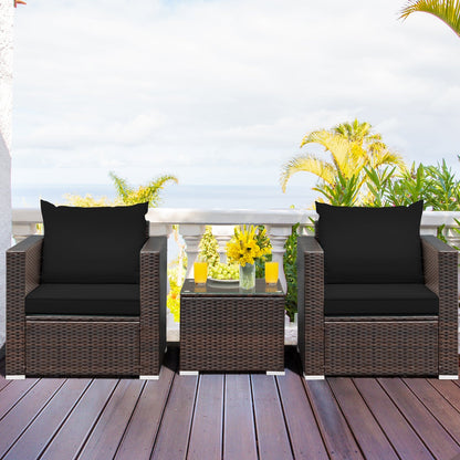 3 Pcs Patio Conversation Rattan Furniture Set with Cushion-Black - Tampa Home & Garden Store