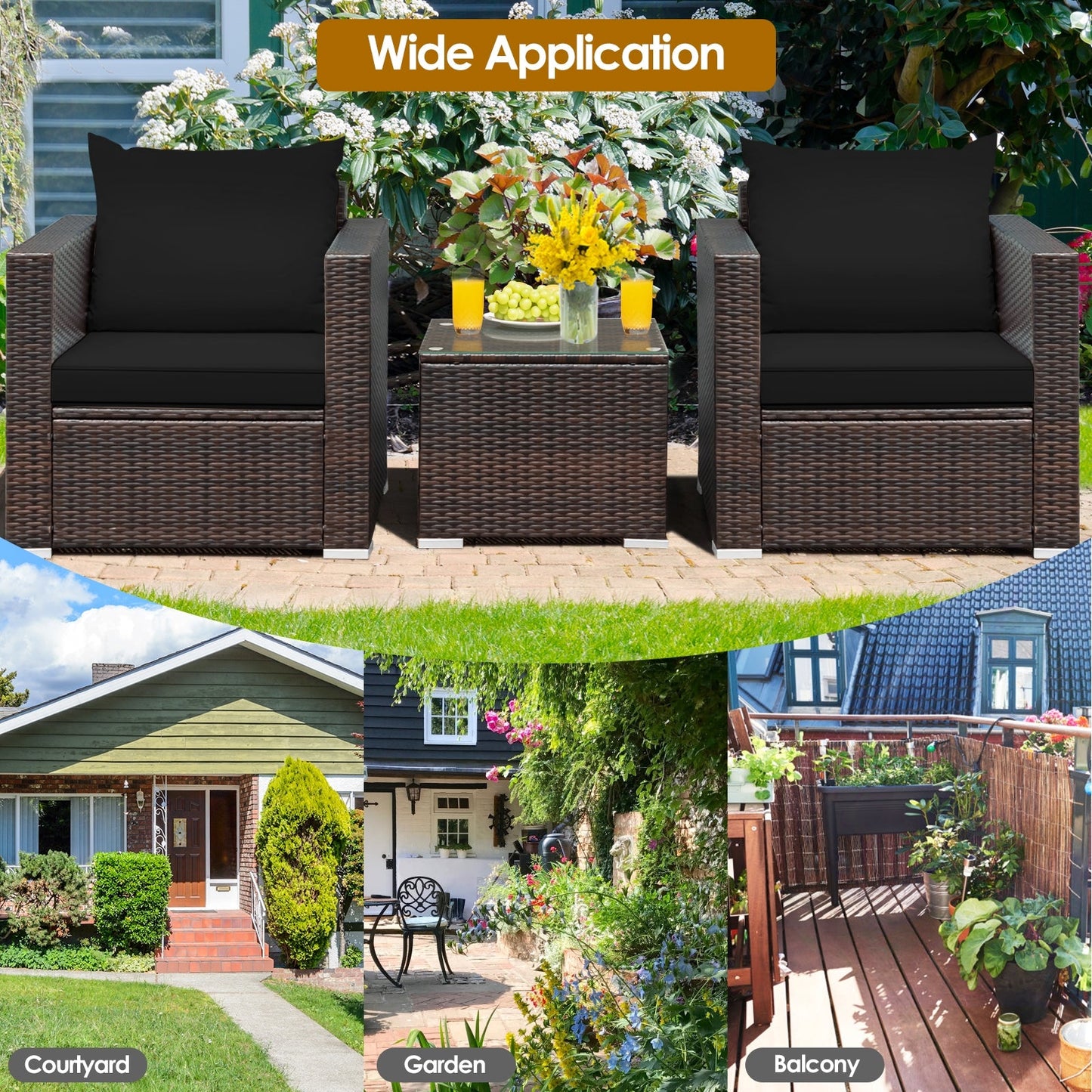 3 Pcs Patio Conversation Rattan Furniture Set with Cushion-Black - Tampa Home & Garden Store