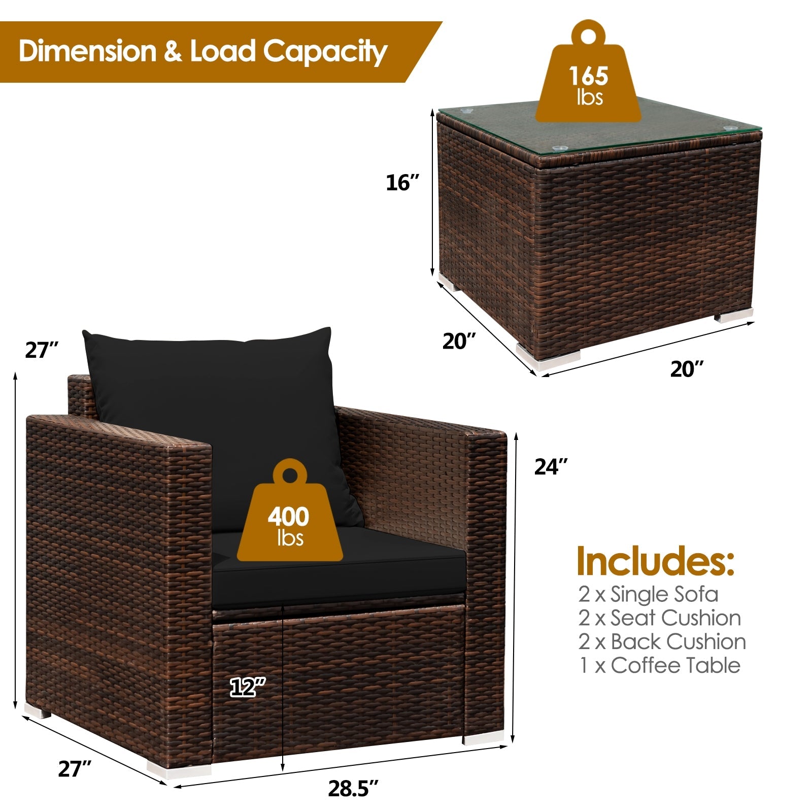 3 Pcs Patio Conversation Rattan Furniture Set with Cushion-Black - Tampa Home & Garden Store