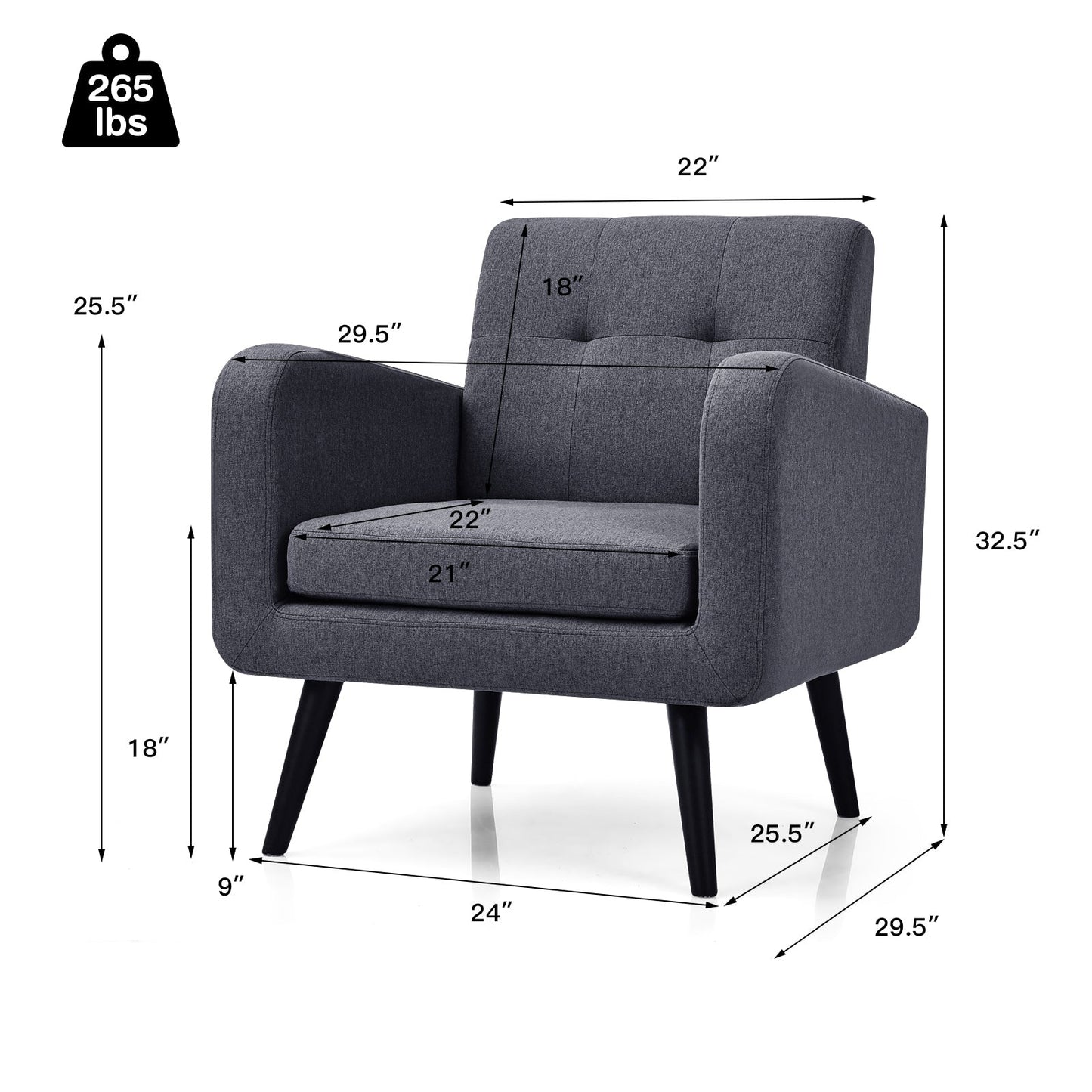 Sillón decorativo moderno y cómodo con patas de madera de caucho - Gris