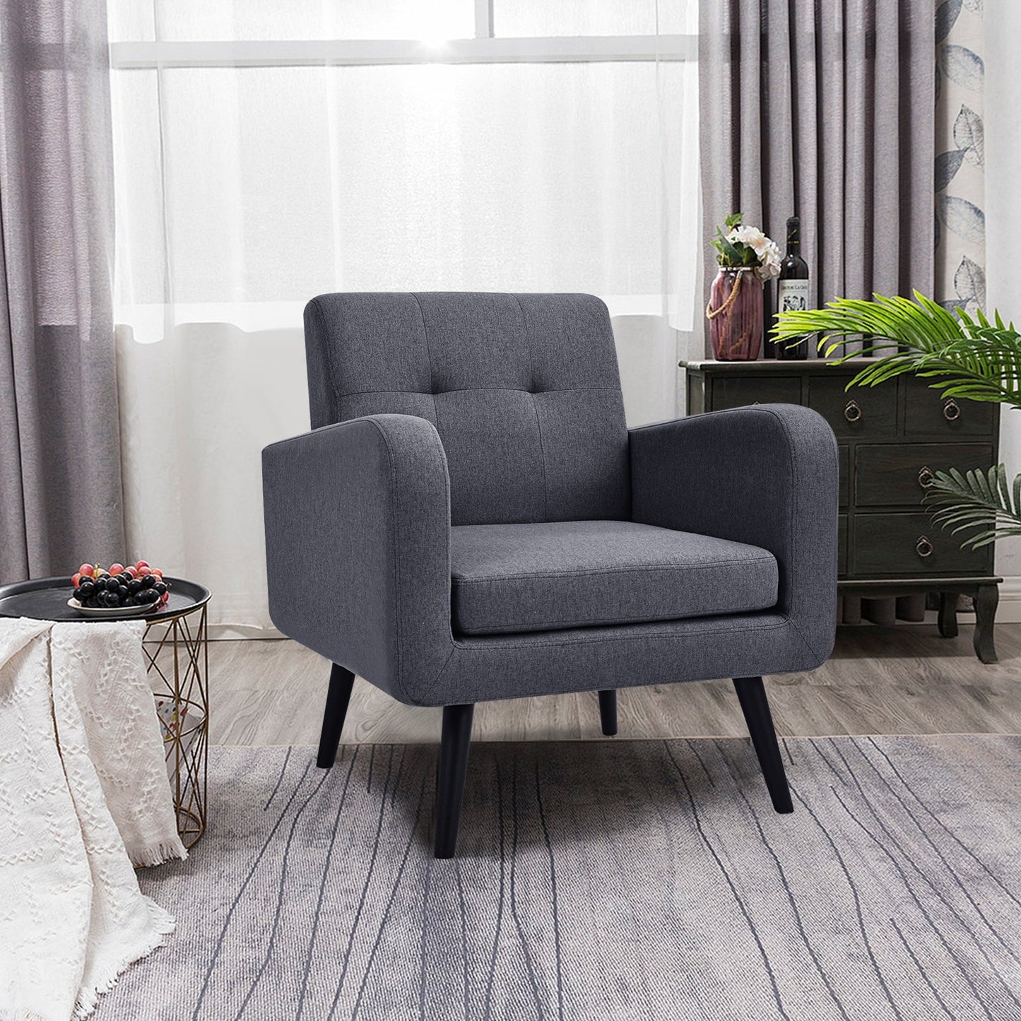 Sillón decorativo moderno y cómodo con patas de madera de caucho - Gris