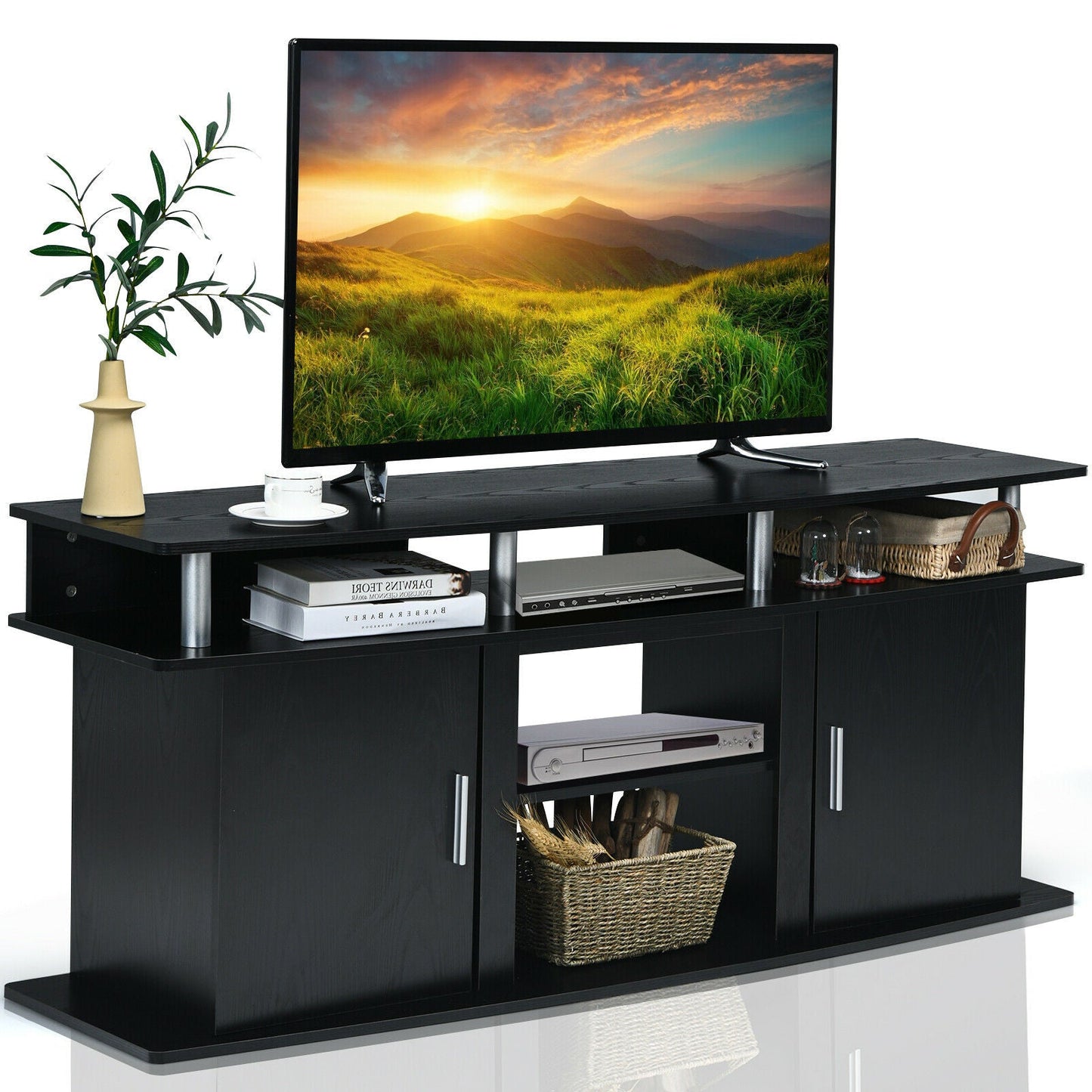 63 Inch TV Entertainment Console Center with 2 Cabinets-Walnut