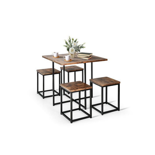 Juego de comedor de 5 piezas con estructura metálica y 4 taburetes - Nogal