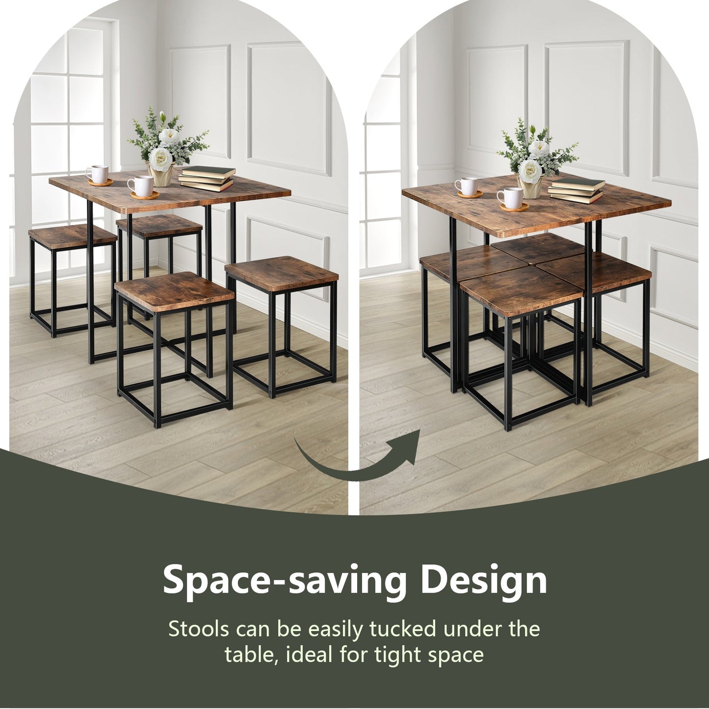 5 Pieces Metal Frame Dining Set with Compact Dining Table and 4 Stools-Walnut