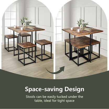 5 Pieces Metal Frame Dining Set with Compact Dining Table and 4 Stools-Walnut