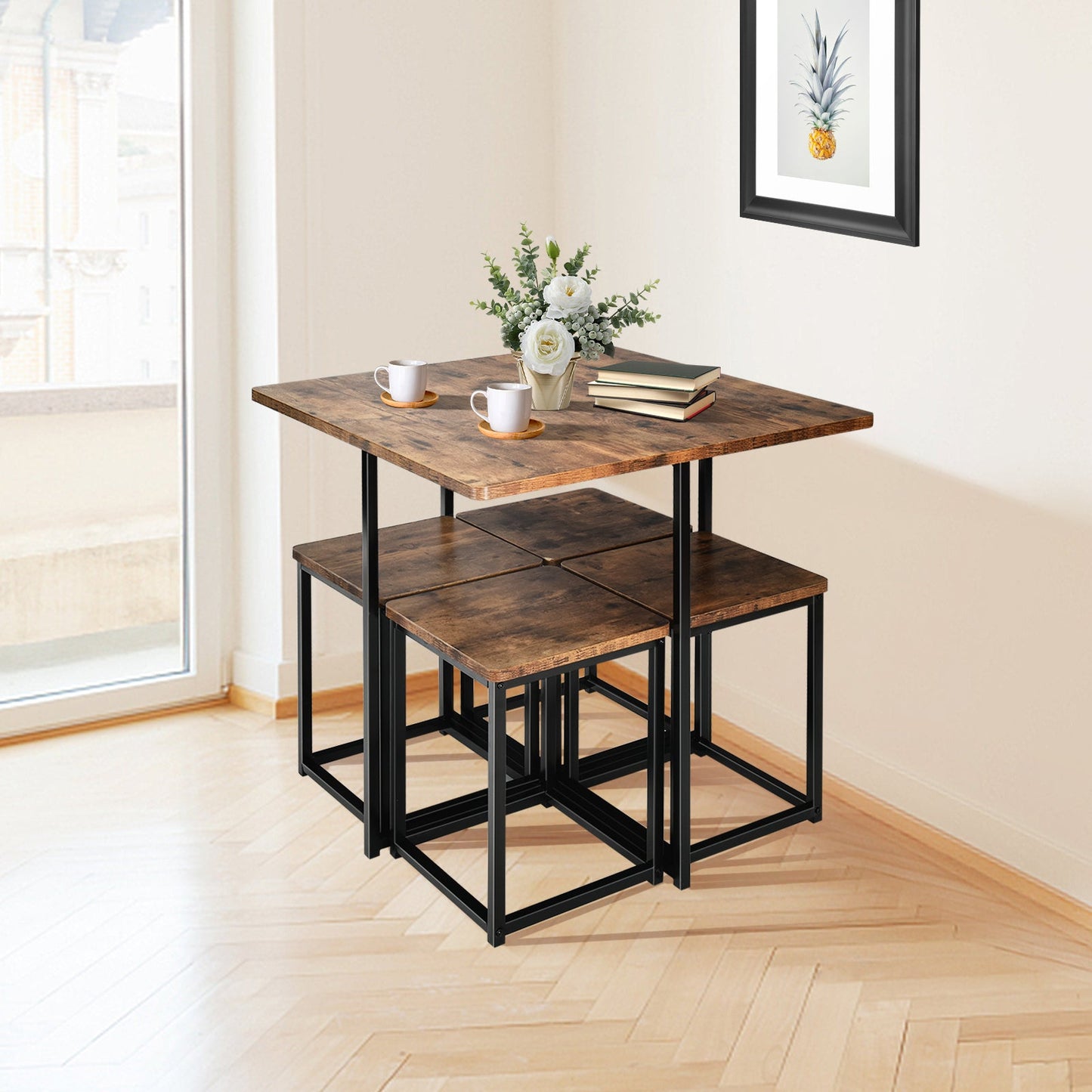 5 Pieces Metal Frame Dining Set with Compact Dining Table and 4 Stools-Walnut