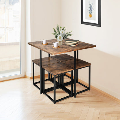 5 Pieces Metal Frame Dining Set with Compact Dining Table and 4 Stools-Walnut