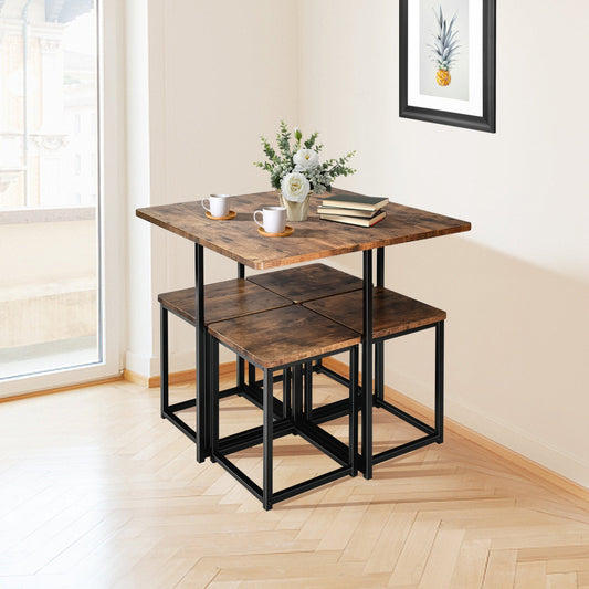 Juego de comedor de 5 piezas con estructura metálica y 4 taburetes - Nogal
