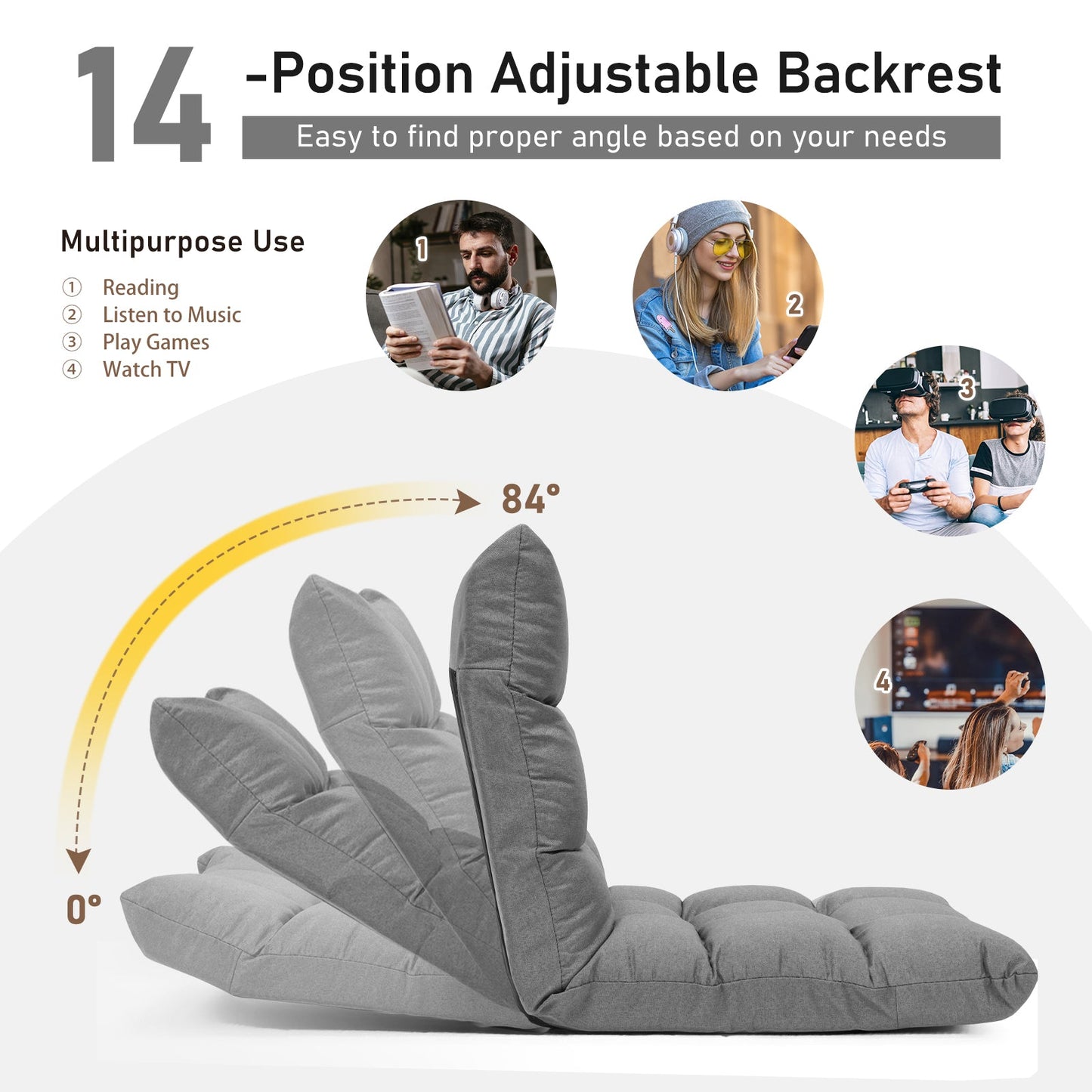 Sofá plegable reclinable para videojuegos con 14 posiciones - Gris