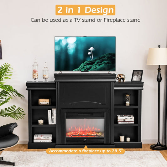 70 Inch Modern Fireplace Media Entertainment Center with Bookcase-Black - Tampa Home & Garden Store
