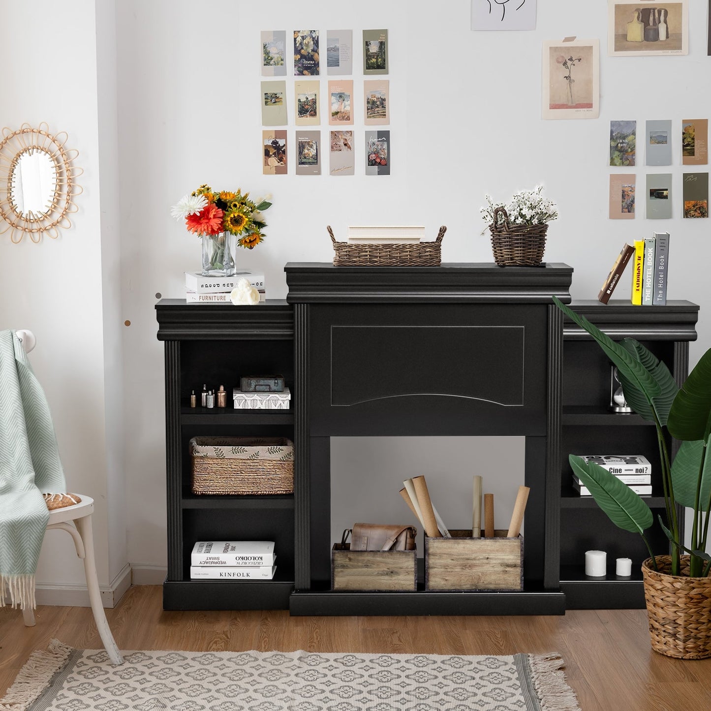 70 Inch Modern Fireplace Media Entertainment Center with Bookcase-Black