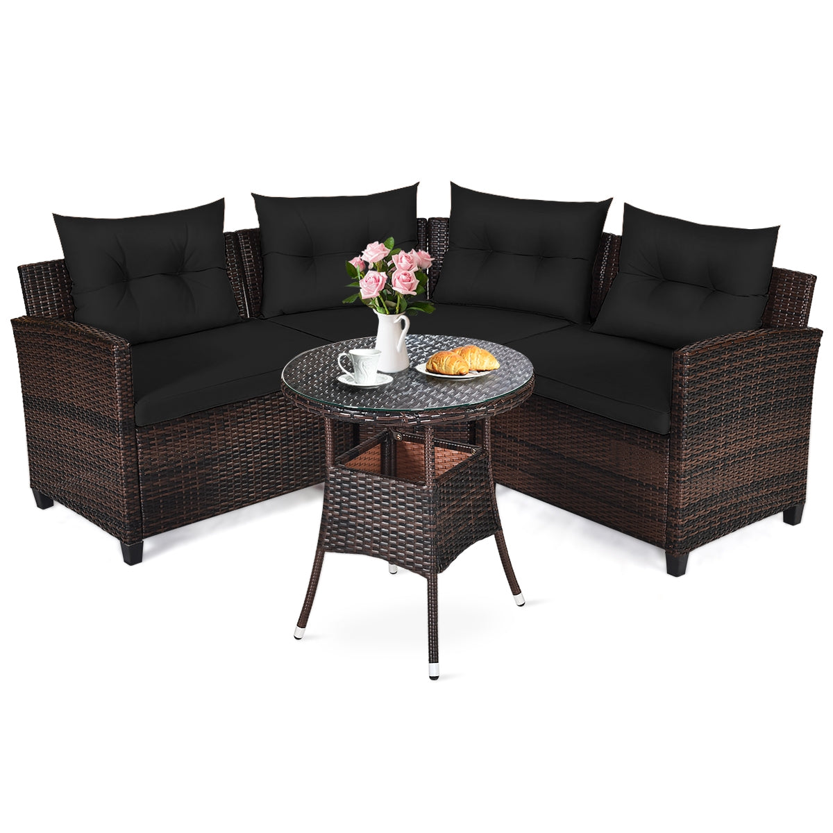 4 Pieces Outdoor Cushioned Rattan Furniture Set-Turquoise