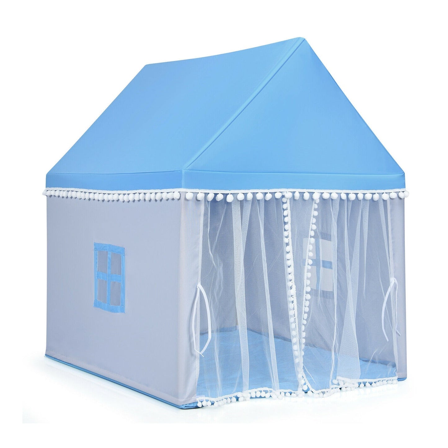 GemGear Kids Play Tent Large Playhouse Castle with Mat, blue pyramid roof and sheer drapes on Tampa Home & Garden Store