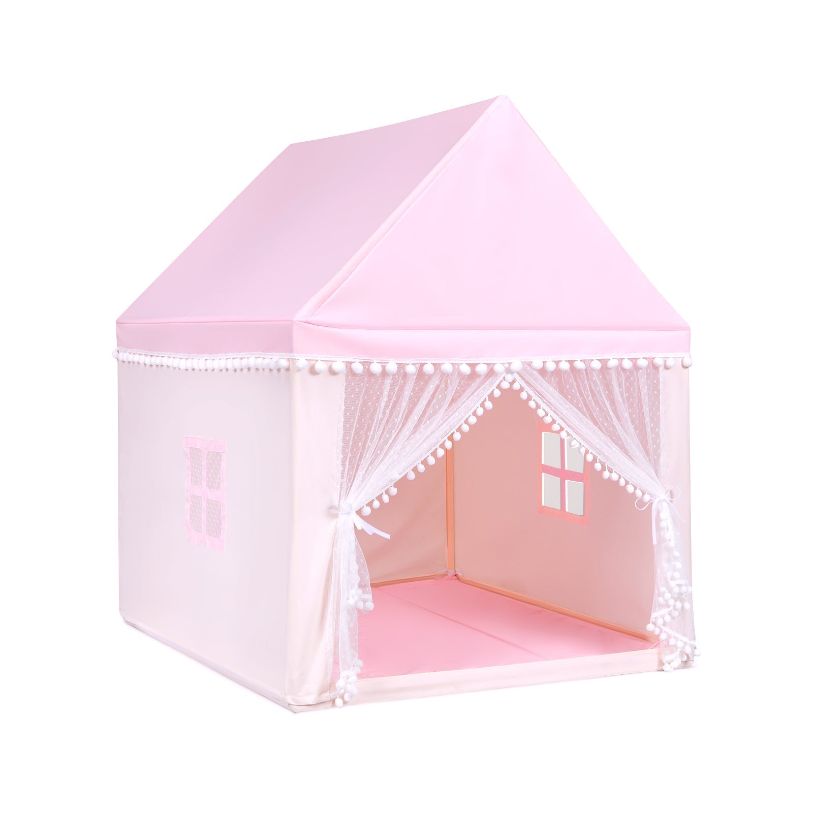 GemGear Kids Play Tent pink Playhouse pyramid roof with sheer curtains and pompom trim mat on Tampa Home & Garden Store