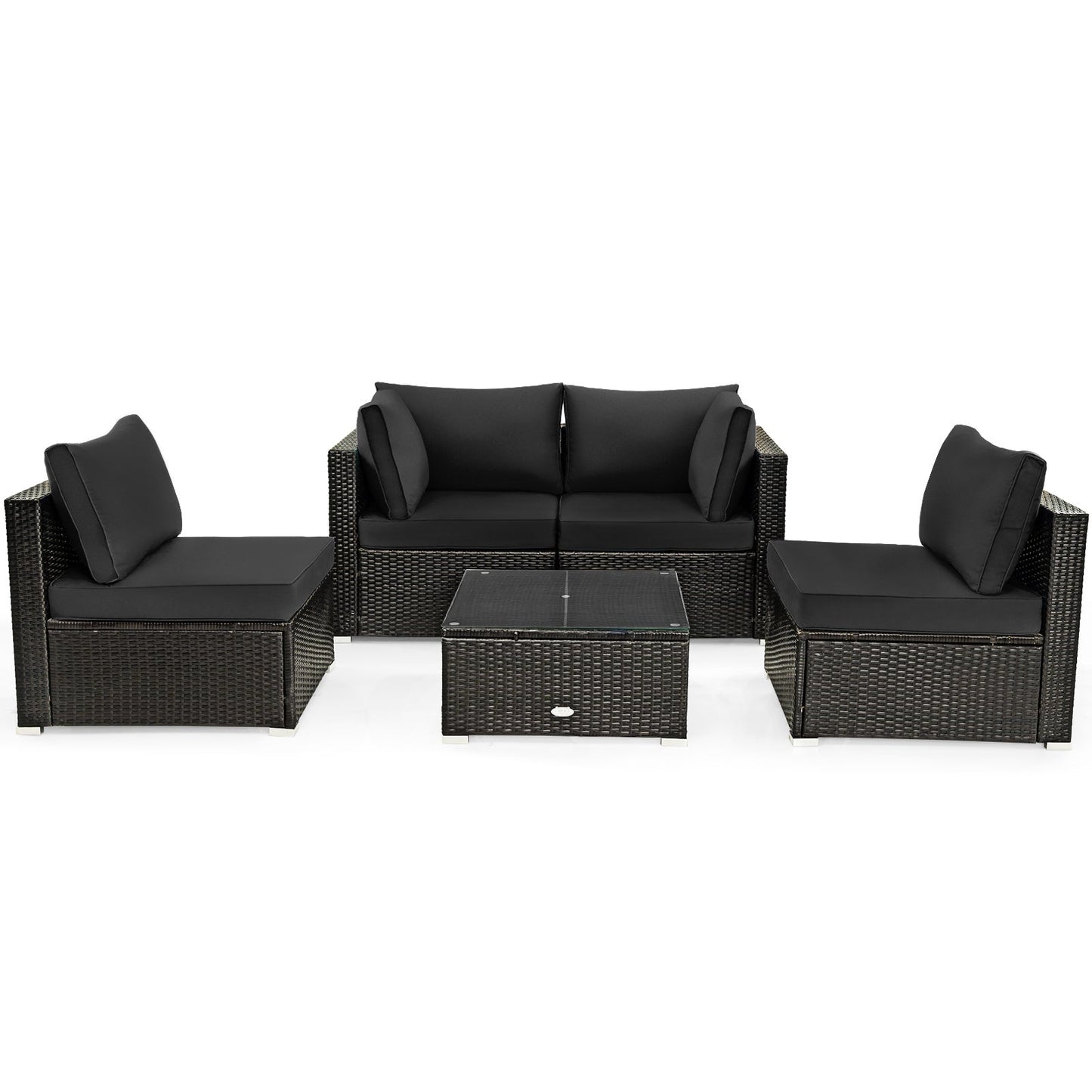 5 Pieces Cushioned Patio Rattan Furniture Set with Glass Table-Red