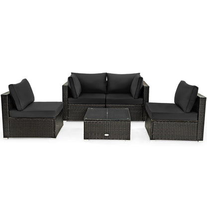 5 Pieces Cushioned Patio Rattan Furniture Set with Glass Table-Red