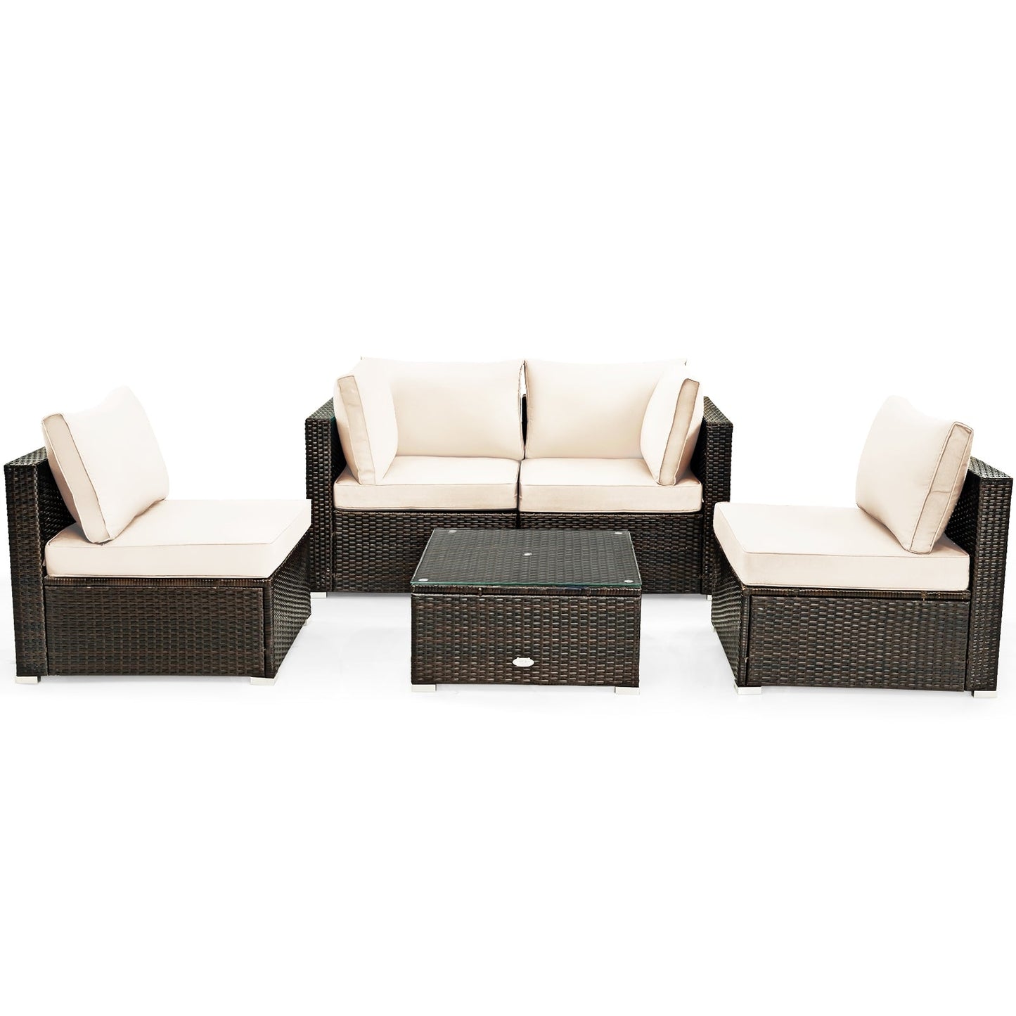 5 Pieces Cushioned Patio Rattan Furniture Set with Glass Table-Red