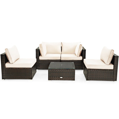 5 Pieces Cushioned Patio Rattan Furniture Set with Glass Table-Red
