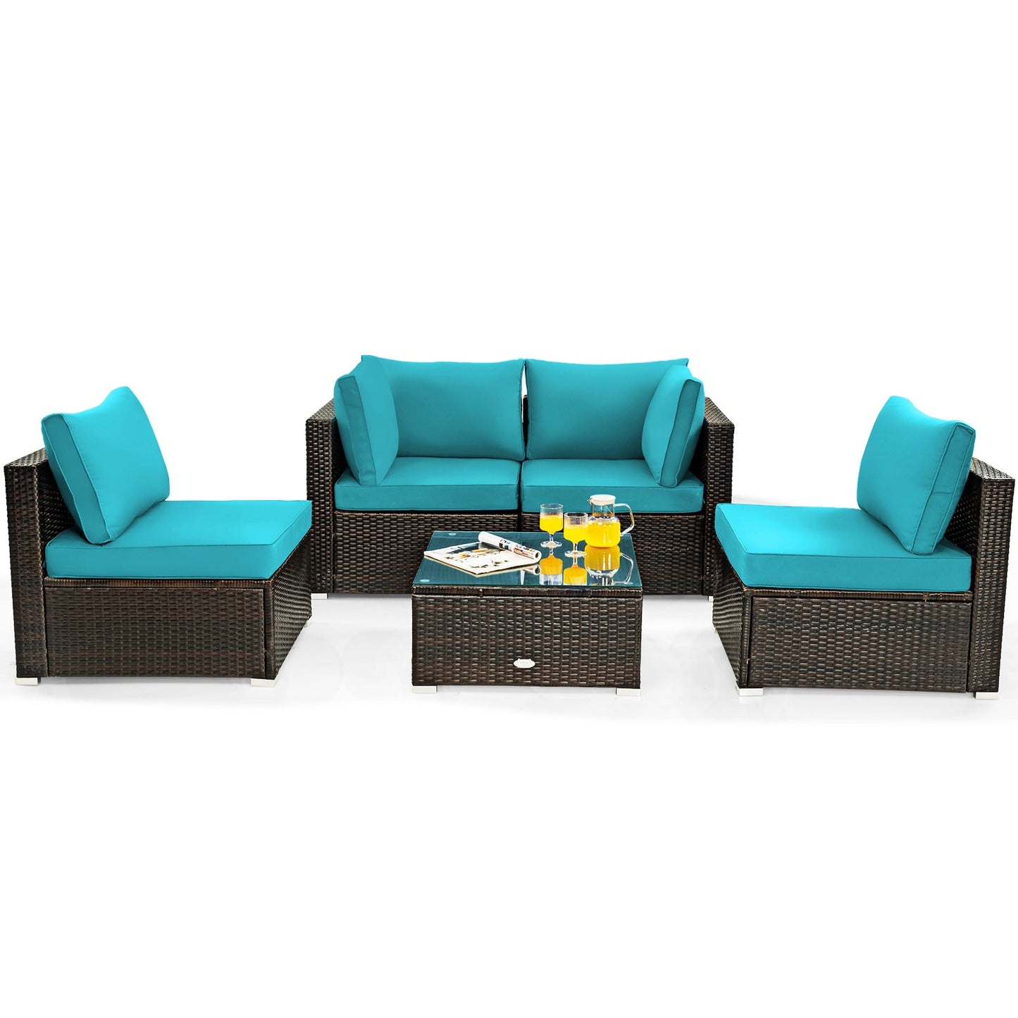 5 Pieces Cushioned Patio Rattan Furniture Set with Glass Table-Red