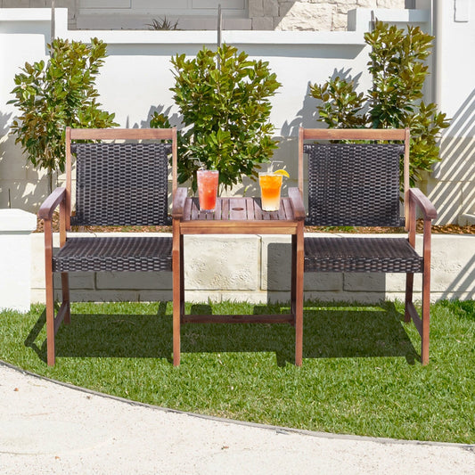 2-Seat Patio Rattan Acacia Wood Chair with Coffee Table - Tampa Home & Garden Store