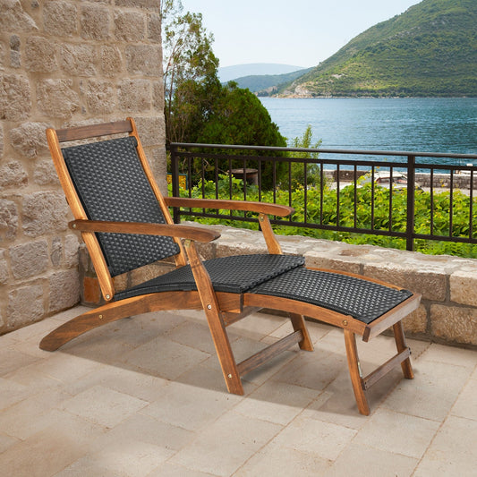 Patio Rattan Folding Lounge Chair with Acacia Wooden Frame Retractable Footrest - Tampa Home & Garden Store