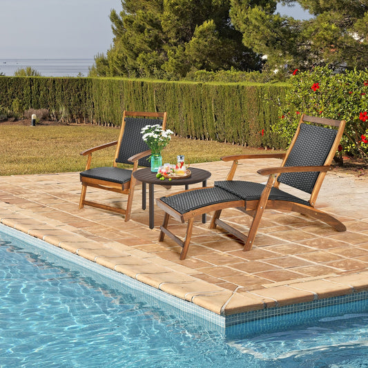 Patio Rattan Folding Lounge Chair with Acacia Wooden Frame Retractable Footrest - Tampa Home & Garden Store