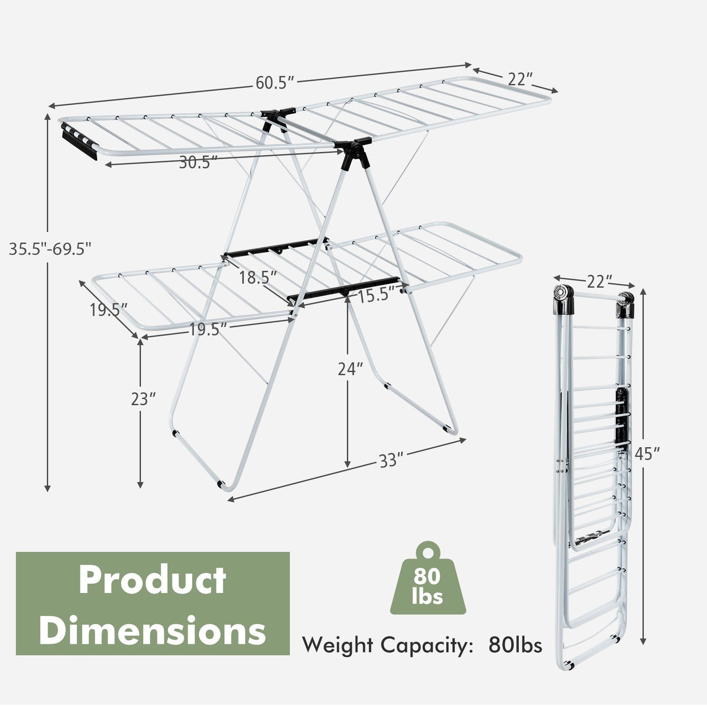 Tendedero plegable de 2 niveles con alas de gaviota ajustables