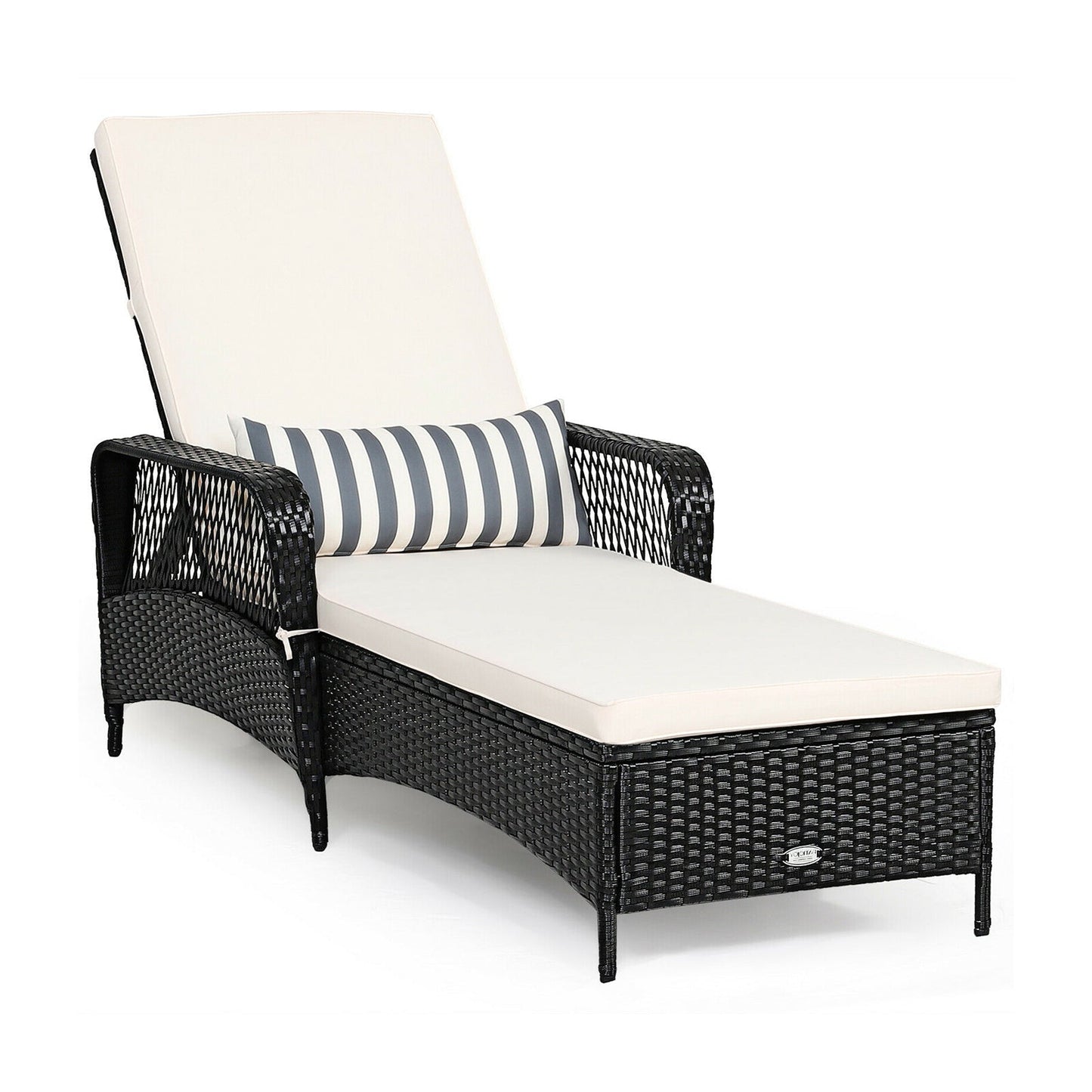 DirectDeals black wicker sunlounger with cream cushion and striped pillow adjustable back on Tampa Home & Garden Store