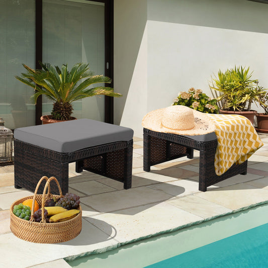 2 Pieces Patio Rattan Ottomans with Soft Cushion for Patio and Garden - Tampa Home & Garden Store