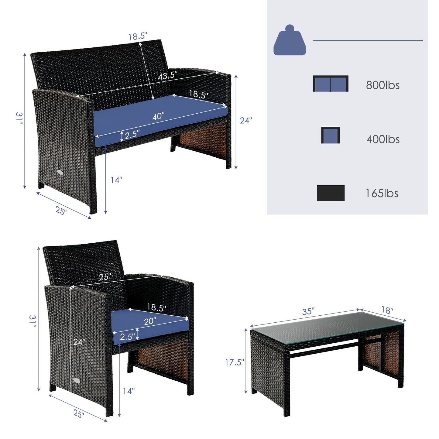 Juego de muebles de patio de ratán acolchado de 4 piezas - Azul marino