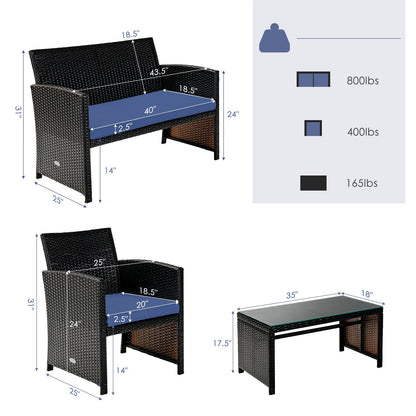 Juego de muebles de patio de ratán acolchado de 4 piezas - Azul marino