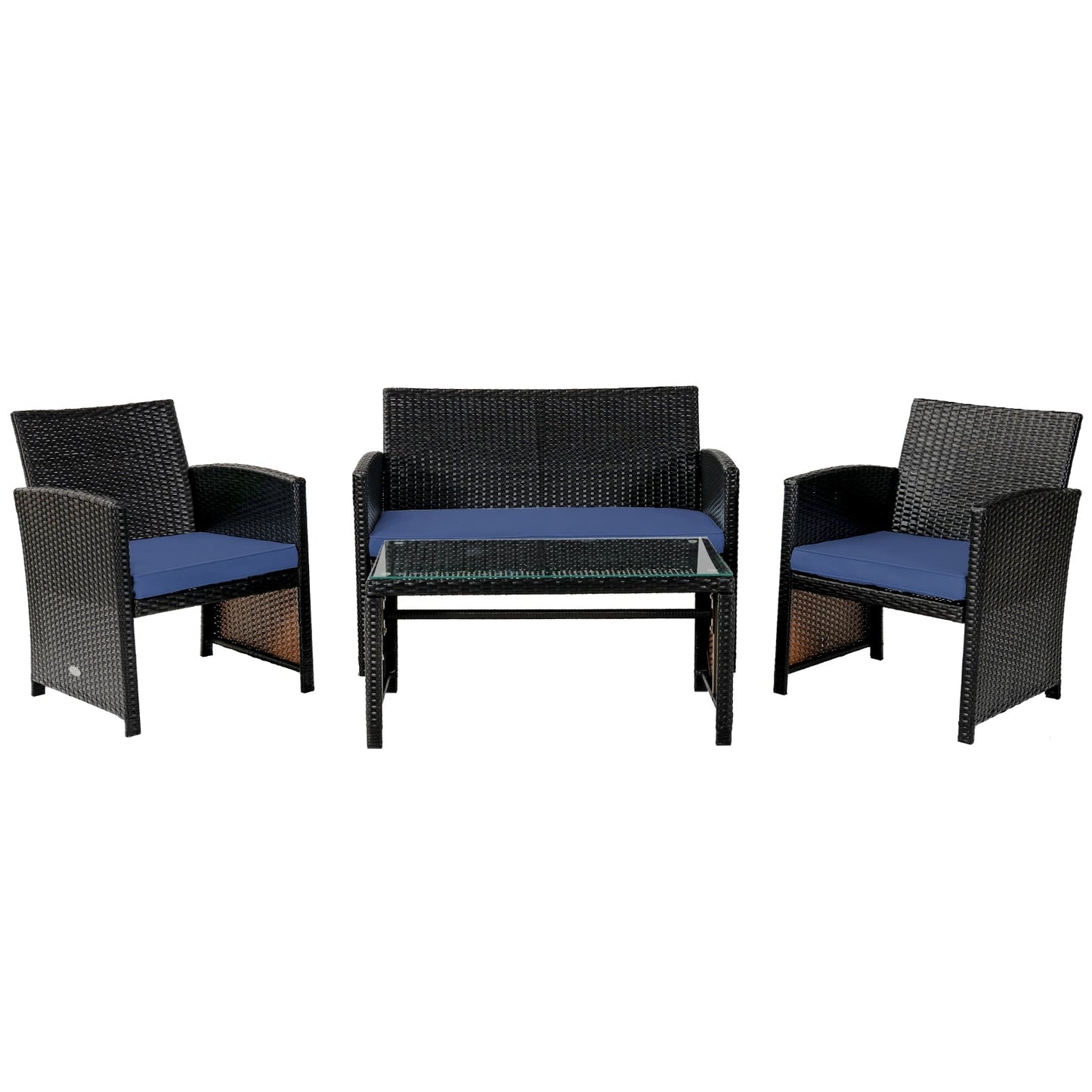 Juego de muebles de patio de ratán acolchado de 4 piezas - Azul marino