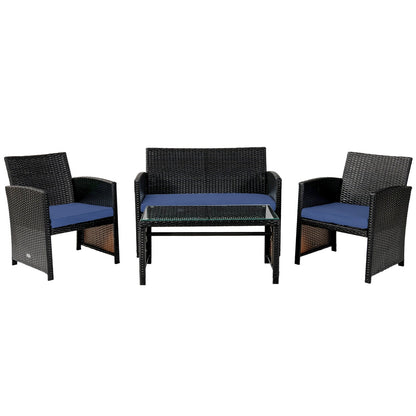 Juego de muebles de patio de ratán acolchado de 4 piezas - Azul marino
