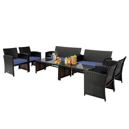 Juego de muebles de patio de ratán acolchado de 4 piezas - Azul marino