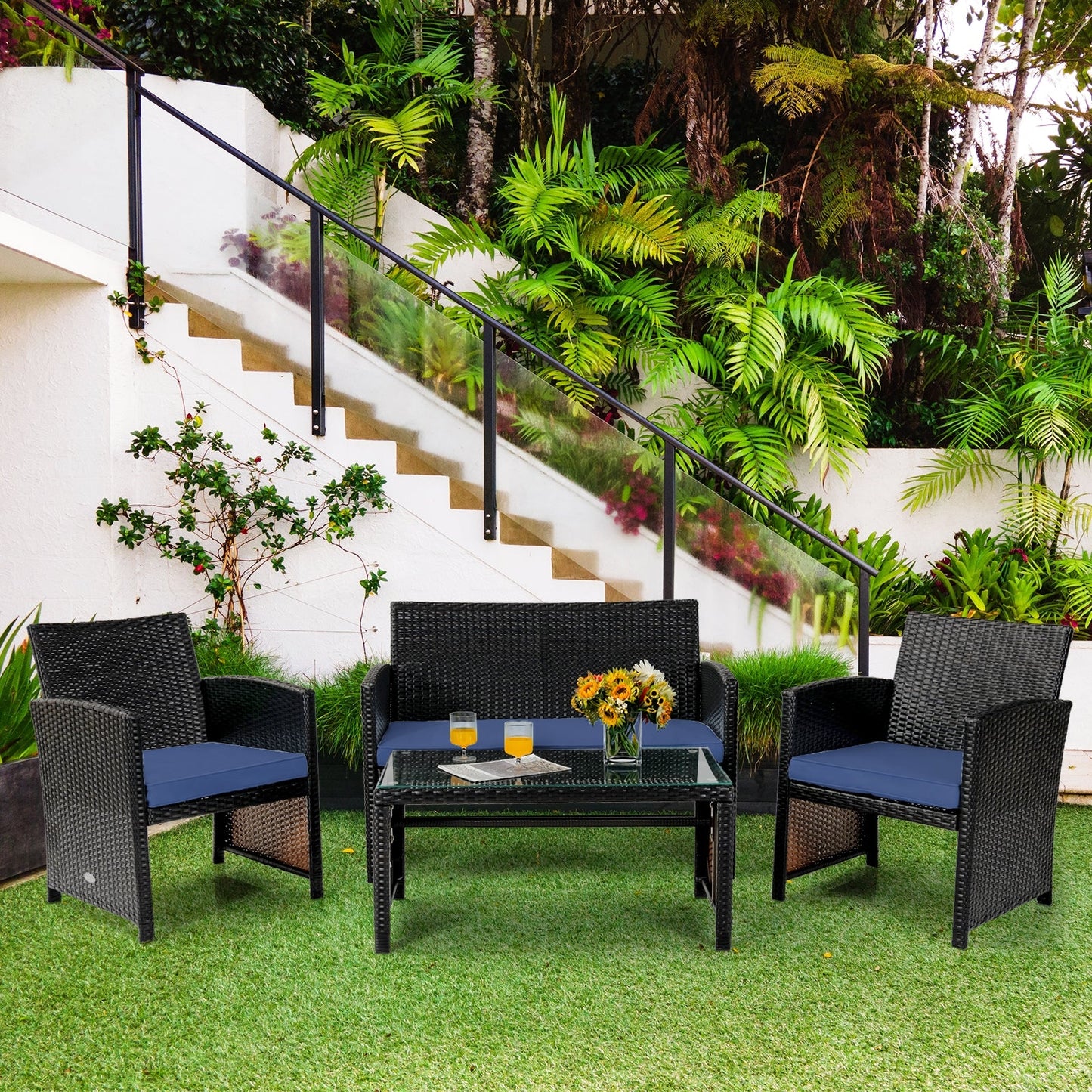 Juego de muebles de patio de ratán acolchado de 4 piezas - Azul marino