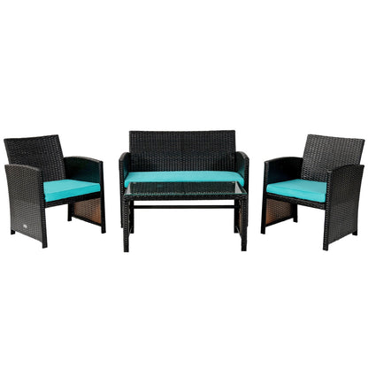 Juego de muebles de patio de ratán acolchado de 4 piezas - Azul marino