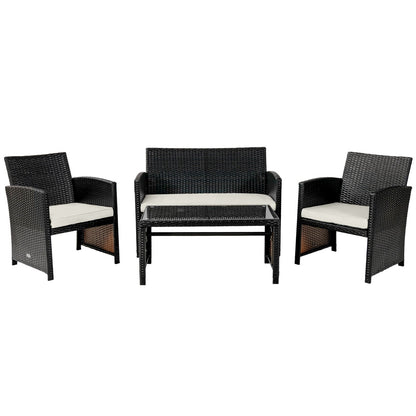 Juego de muebles de patio de ratán acolchado de 4 piezas - Azul marino