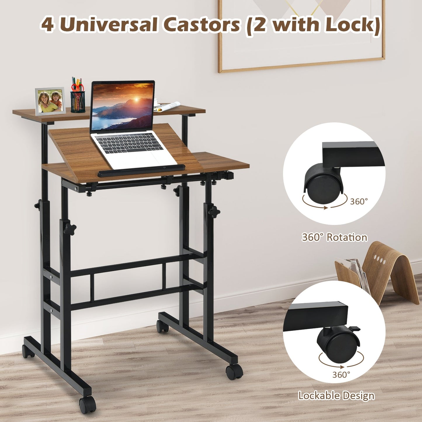 Mobile Standing up Desk Adjustable Computer Desk Tilting Workstation-Walnut