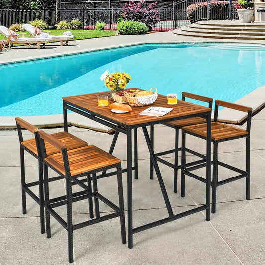 5 Pieces Outdoor Acacia Wood and PE Rattan Bar Set - Tampa Home & Garden Store